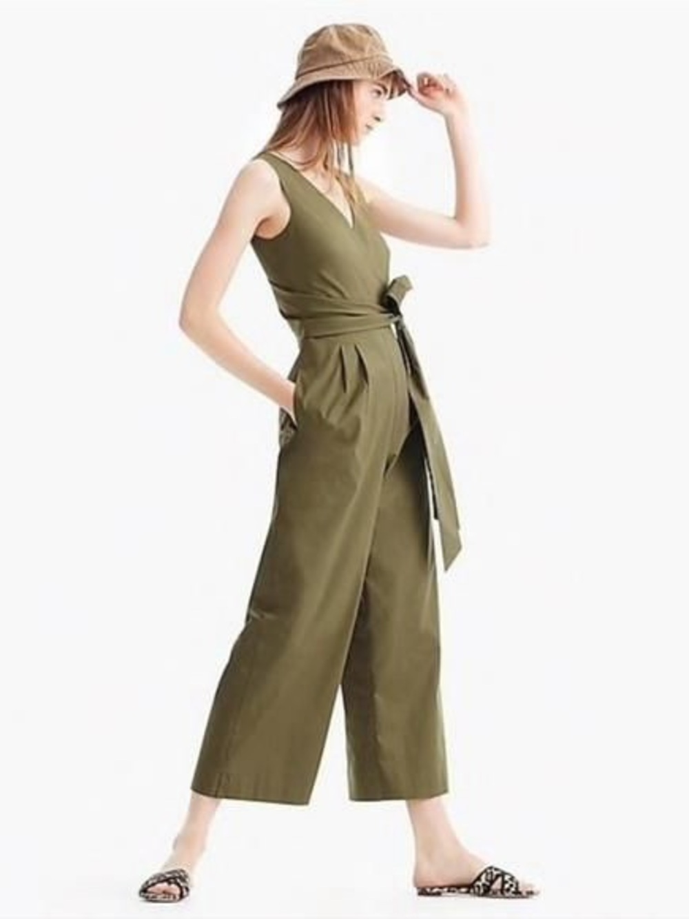 J. Crew Olive Sleeveless Wide-Leg Open Back Jumpsuit with Waist Tie